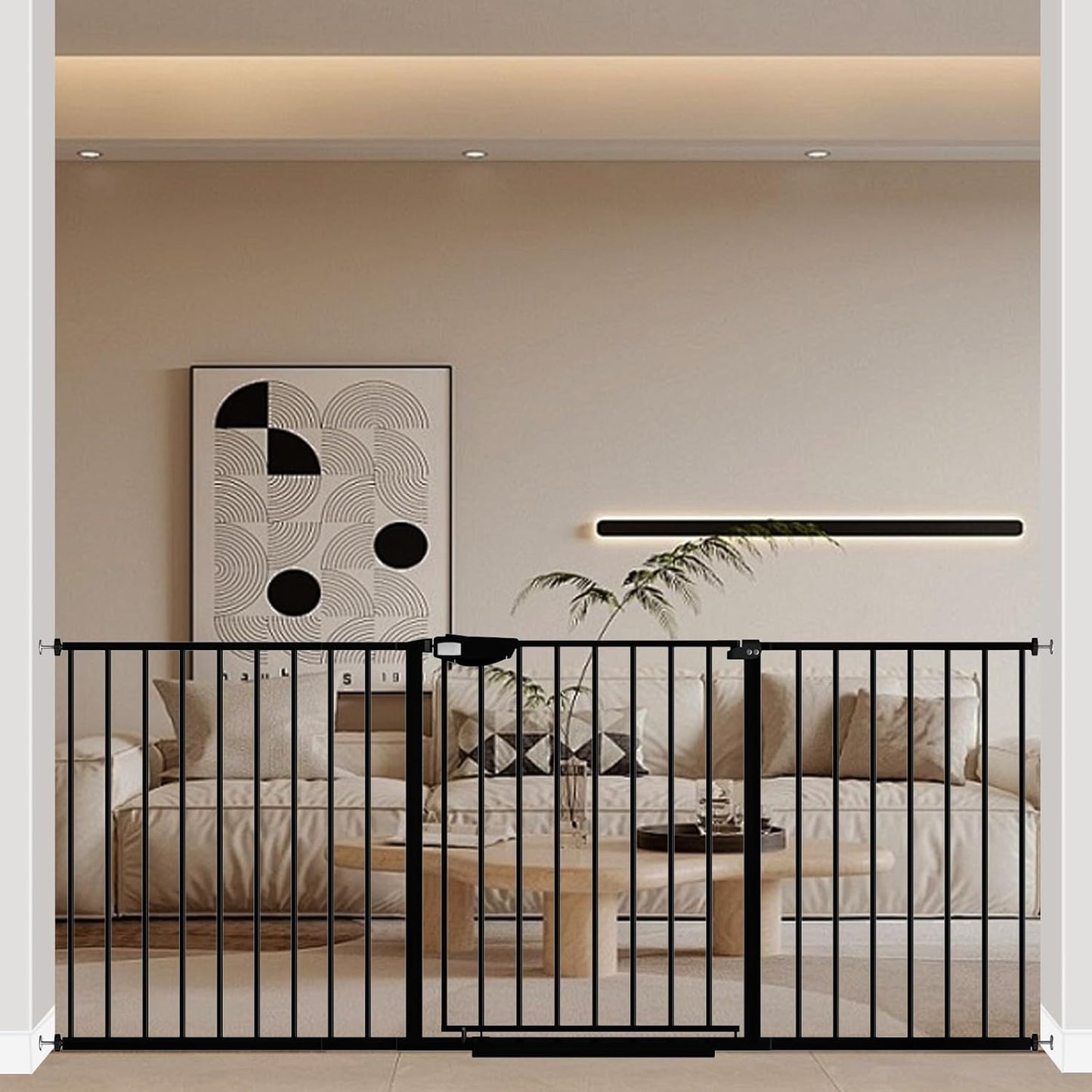WAOWAO Triple Lock 49.21-66.54" Baby Gate Extra Wide Pressure Mounted Walk Through Swing Auto Close Safety Black Metal Dog Pet Puppy for Stairs,Doorways,Kitchen