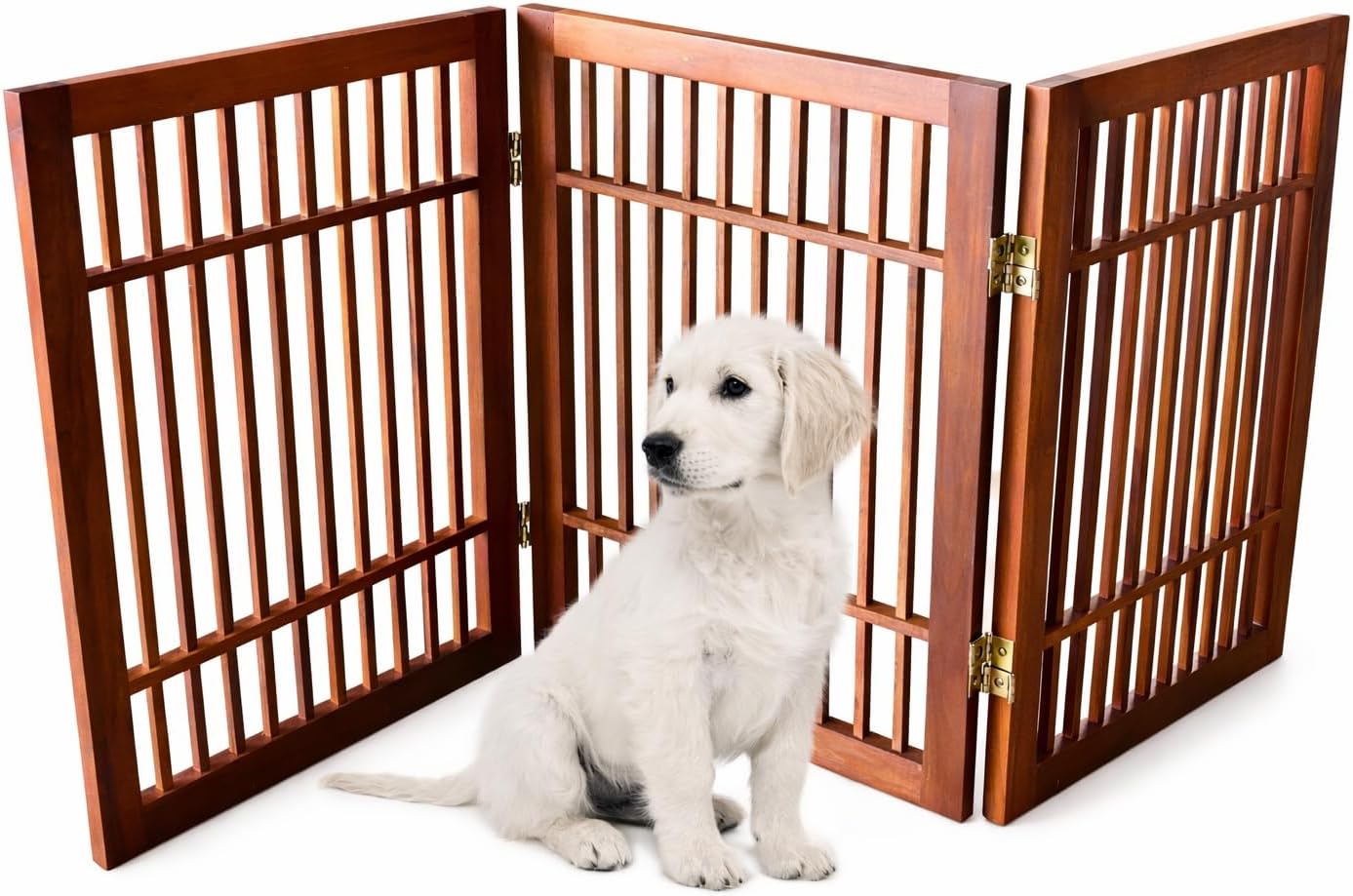 Urnporium Freestanding Wooden Dog Gate for Doorways – Foldable Acacia Wood Pet Gate, No Drill Portable Indoor/Outdoor Puppy Fence Barrier (White Pet Gate, 3 Panel 24" Tall)
