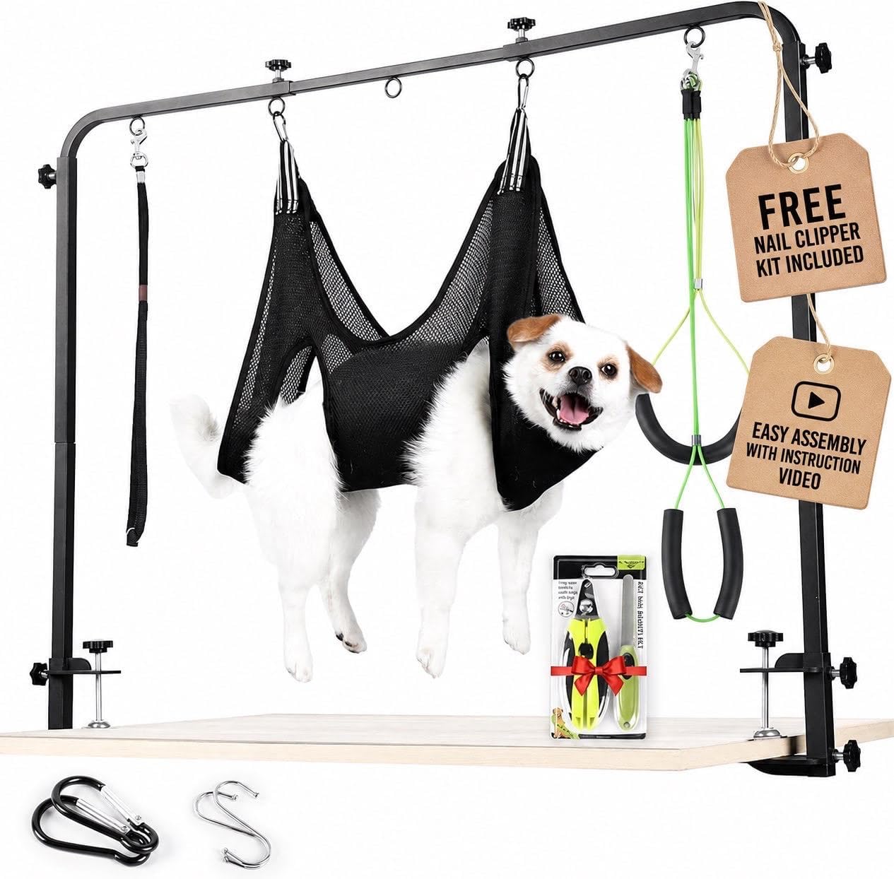 Premium Dog Grooming Arm with Clamp & Dog Grooming Hammock - Heavy Duty Grooming Table for Dogs at Home - Nail Clippers for Dogs - Complete Pet Grooming Kit & Dog Harness for Nail Trimming