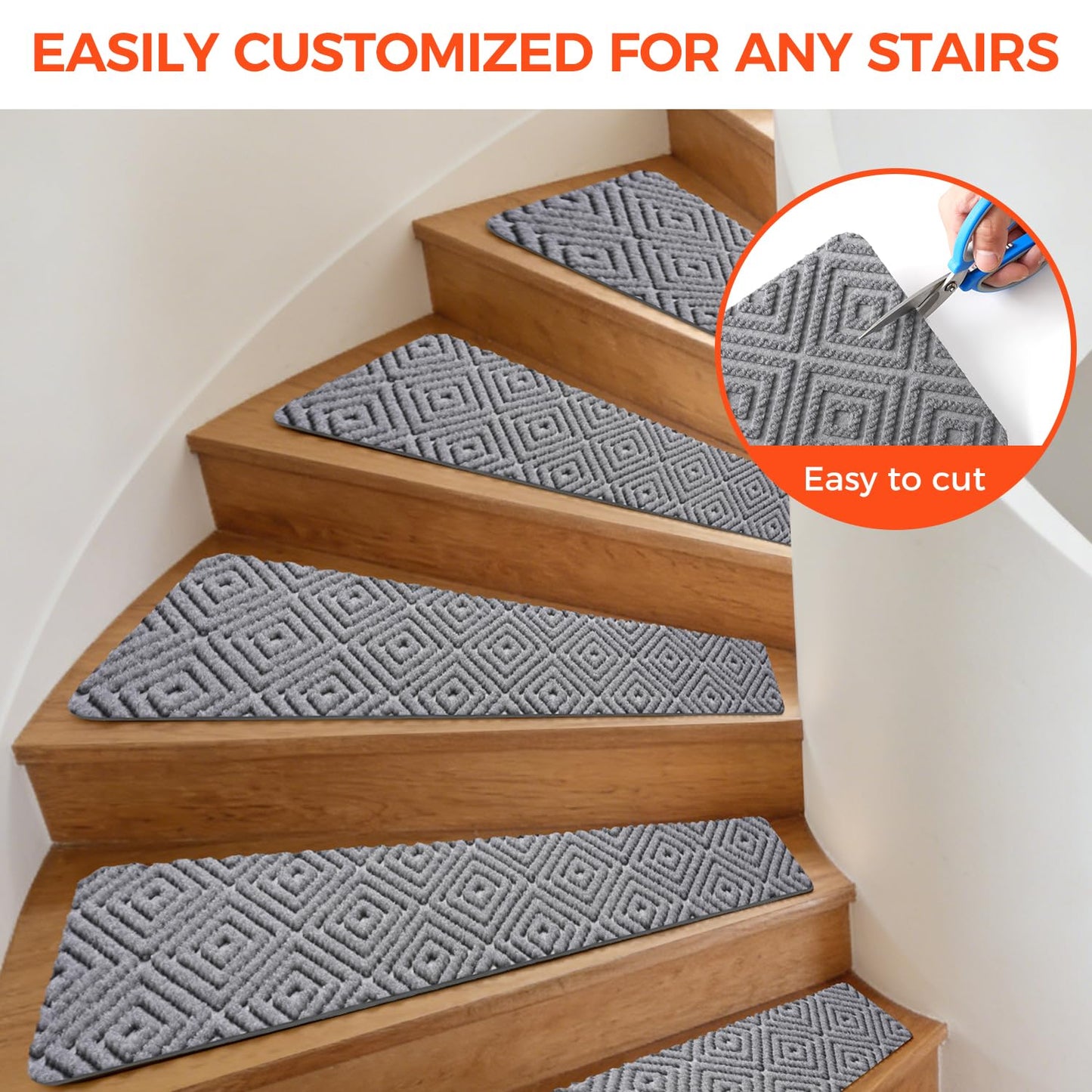 BAGAIL 15 Pack Non-Slip Stair Treads for Wooden Steps, 8"x30" Peel and Stick Carpet Stair Runners, Machine Washable Indoor Step Covers with No-Residue Adhesive for Dogs, Kids & Elderly - Dark Gray