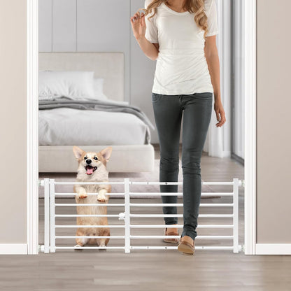 Malier Indoor Dog Gate with Door, 26-41" Extra Wide Full Metal Pet Gate Short Dog Gate for Stairs, Pressure Mount 10'' Tall Small Puppy Low Gate Easy Step Over for Doorways