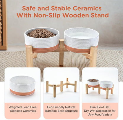 SPUNKYJUNKY Elevated Dog Bowls Ceramic, 6.1'' Dogs and Cat Food Water Bowls Raised with Non-Slip Bamboo Stand for Medium Sized Breed Microwave Dishwasher Safe - 28.7 OZ,Beige