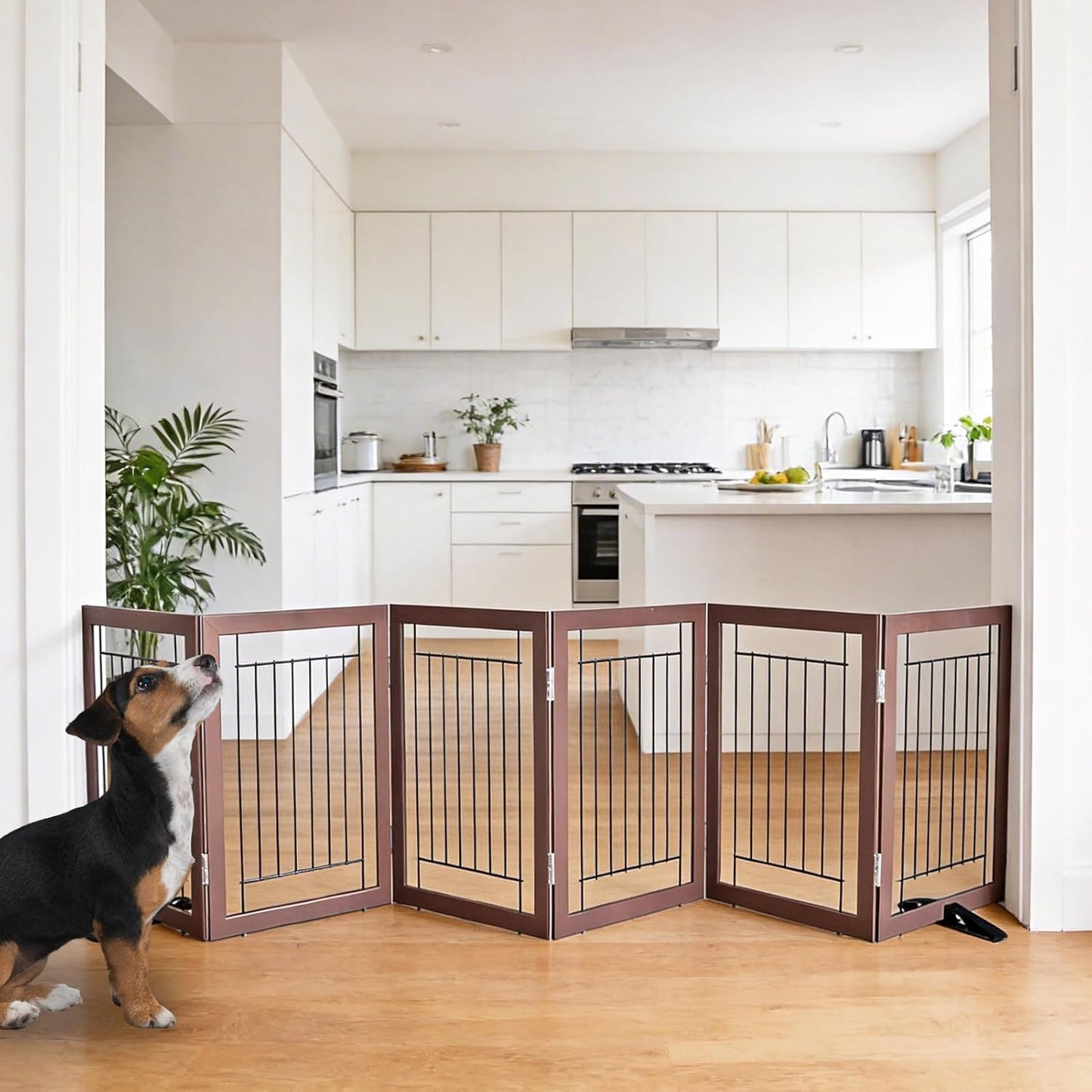 ZJSF Freestanding Dog Gate Indoor, Foldable Dog Fence for Doorways,Hallways or Stairs, Sturdy Wood Extra Wide Pet Gate with Support Feet,Black,24 "Height-3 Panels