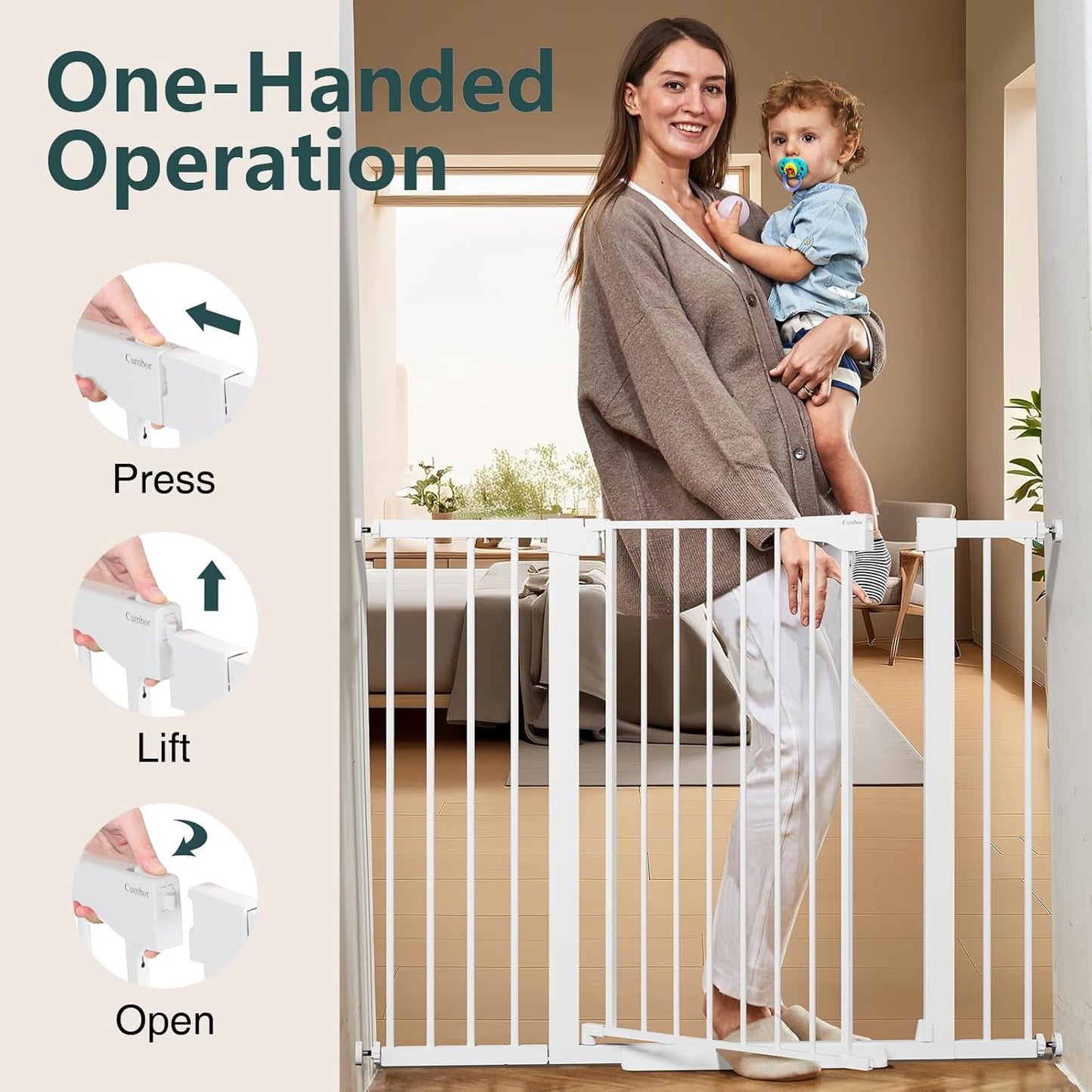 Cumbor 36.6-64" Extra Wide Baby Gate for Stairs, Dog Gates for Doorways, Auto-Close Pet Gate Indoor, Pressure Mounted Walk Through Safety Child Gate for Kids Toddler, Tall Pet Puppy Fence Gate, Brown