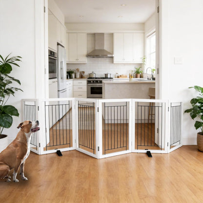 ZJSF Freestanding Dog Gate Indoor, Foldable Dog Fence for Doorways,Hallways or Stairs, Sturdy Wood Extra Wide Pet Gate with Support Feet,Black,24 "Height-3 Panels