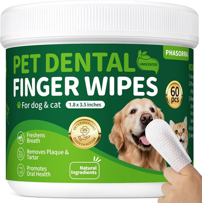 Dog & Cat Tooth Brushing kit - 60Ct Dog Toothbrush & Toothpaste Alternatives, Dental Care Wipes, Heavy Duty Teeth Cleaning, Remove Tartar & Plaque, Breath Freshener