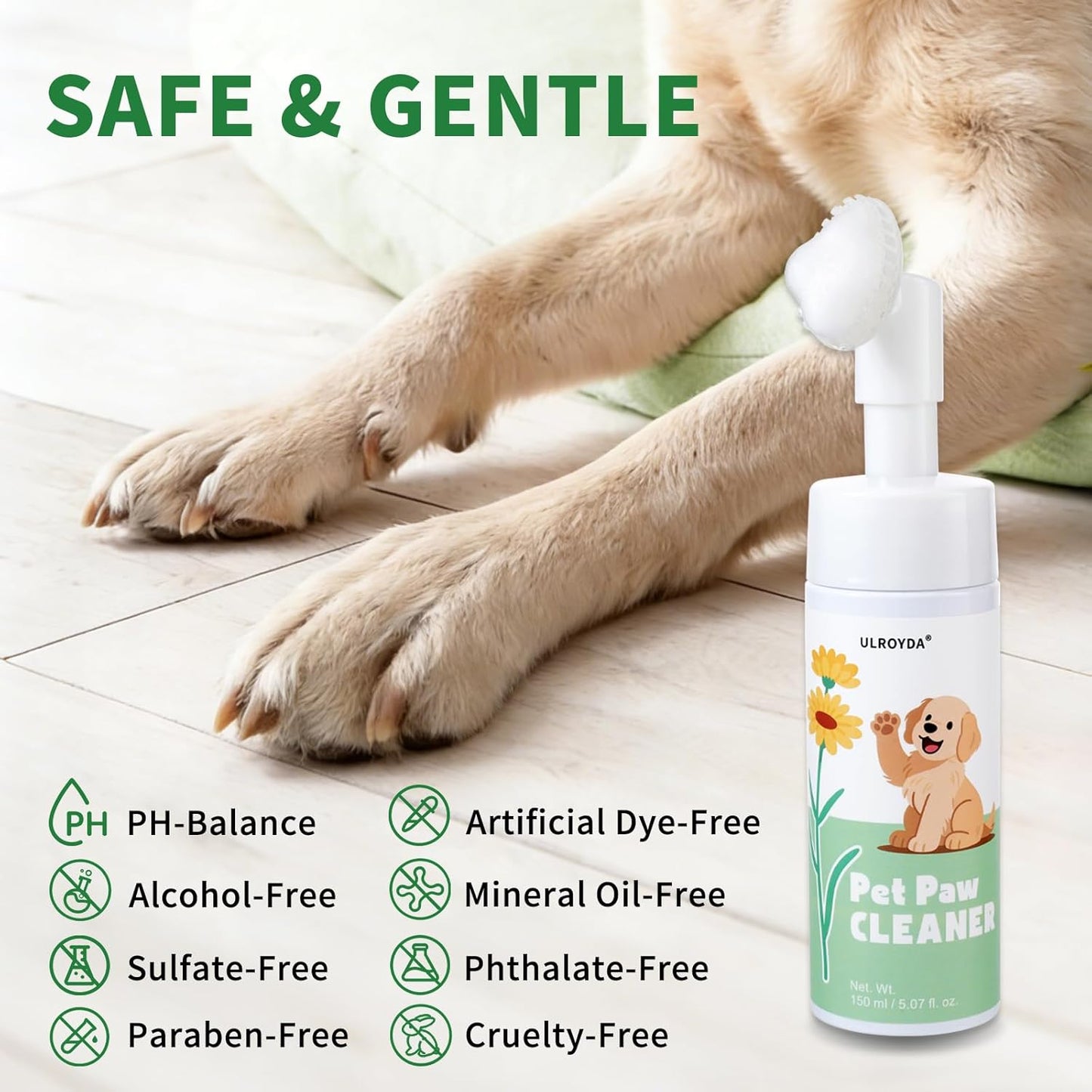 Dog Paw Cleaner No-Rinse Foam, 5-in-1 Paw Washer with Soft Silicone Brush - Removes Mud Dirt & Odor, Moisturizes & Soothes Dry Cracked Paws, pH-Balanced Hypoallergenic for Dogs & Cats, 5.07oz