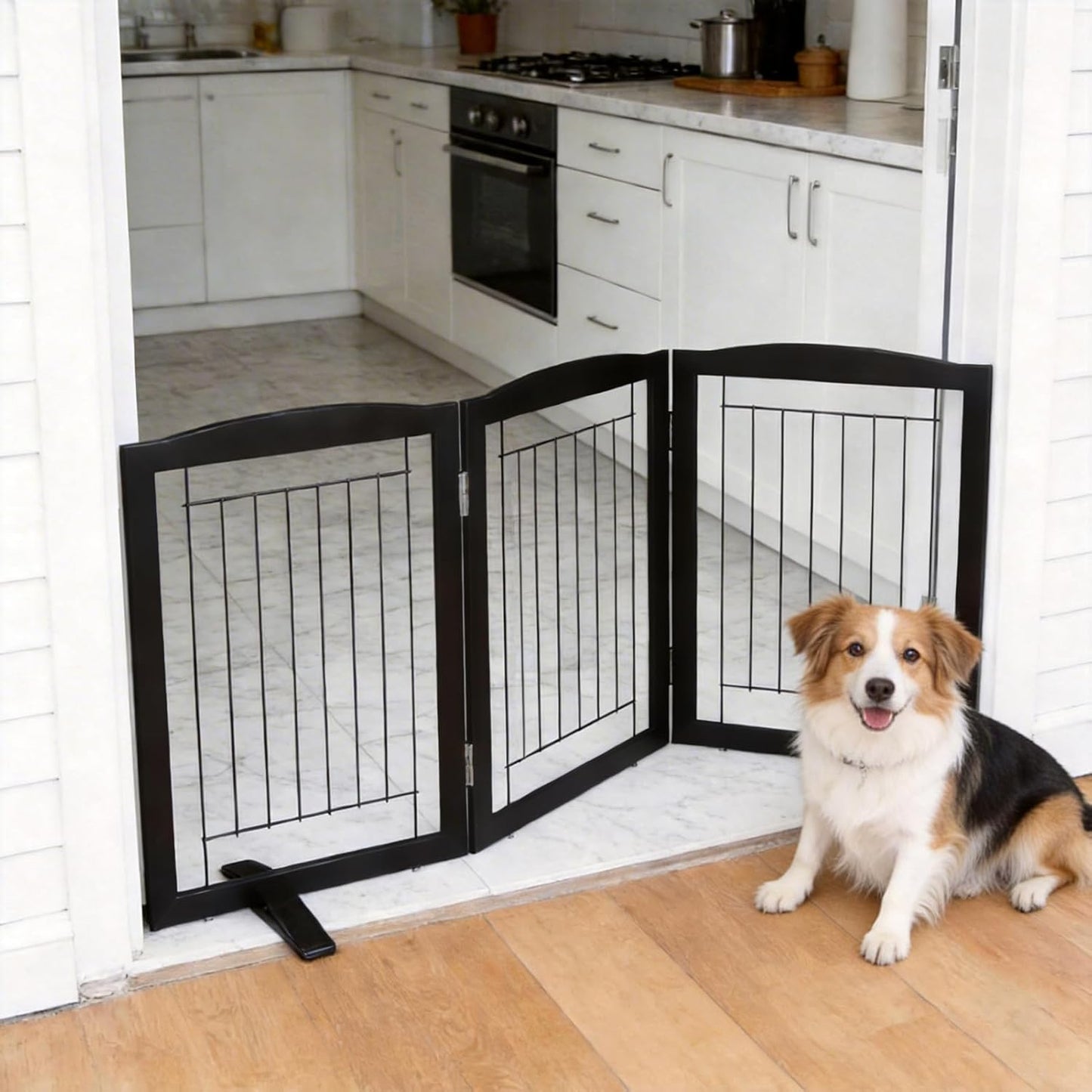 ZJSF Freestanding Dog Fence Indoor, Foldable Dog Gate for Doorways, Stairs or Hallways, Sturdy Wood Extra Wide Pet Gate with Support Feet for The House, White, 24 "Height-3 Panels