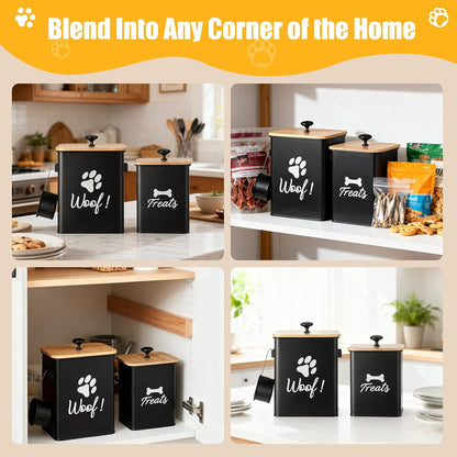 Dog Treat Container Set of 2, Dog Food Storage Containers with Airtight Lids, Metal dog treat jars for Kitchen Countertop, Pet Cookie Canister to Keep Treats Fresh, 9.4''×7.1''×9.6", Black
