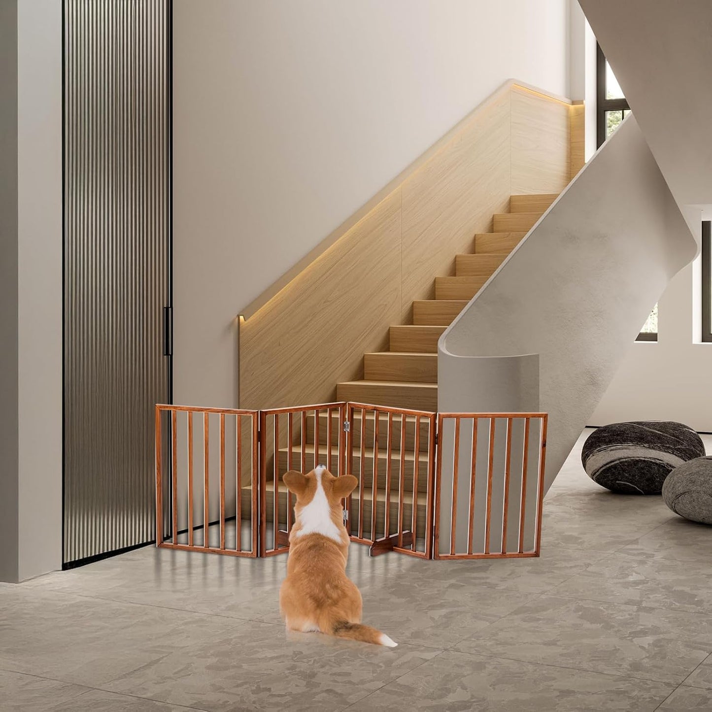BONNLO Free Standing Dog Gate Indoor, Foldable Pet Gate for Dogs and Puppy, 24" Height Wooden Dog Gates for Doorways Extra Wide/Stairs/Hallways (Walnut, 3 Panel)