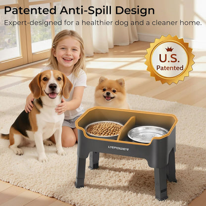 URPOWER 3-in-1 Elevated Dog Bowls - Mess Proof Double Deck 4 Height Adjustable Raised Stand with 2 Stainless Steel Food Bowls & Licking Plate for Small, Medium & Large Dogs
