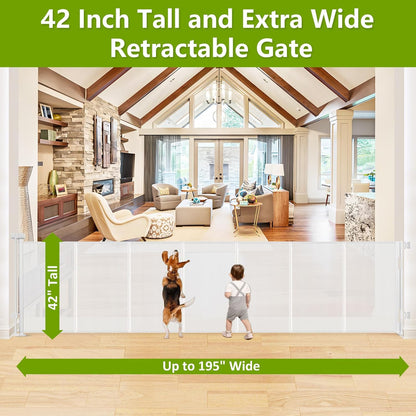 Reinforced 42" Tall Retractable Dog Gate, 155" Extra Long Retractable Baby Gate with Support Rods - Prevent Crawling Under, Indoor/Outdoor Retractable Gate Extra Tall Baby Gate Retractable Fence/Black