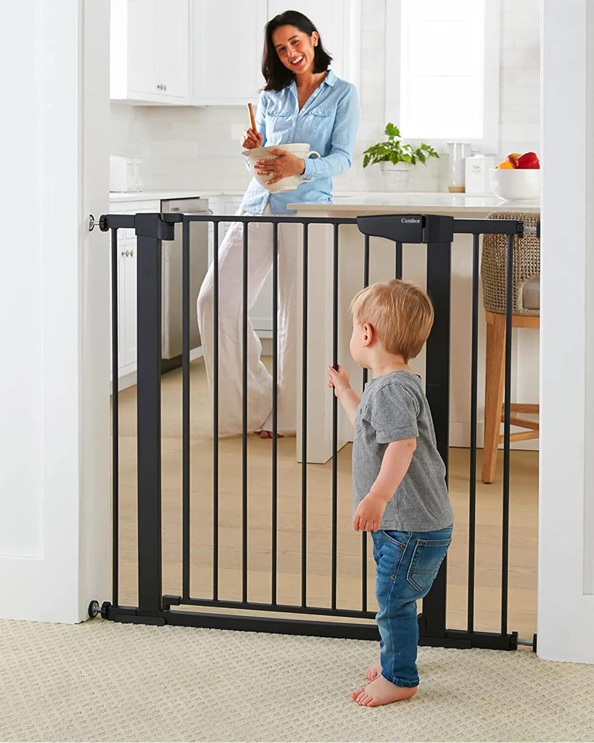 Cumbor 36.6-64" Extra Wide Baby Gate for Stairs, Dog Gates for Doorways, Auto-Close Pet Gate Indoor, Pressure Mounted Walk Through Safety Child Gate for Kids Toddler, Tall Pet Puppy Fence Gate, Brown
