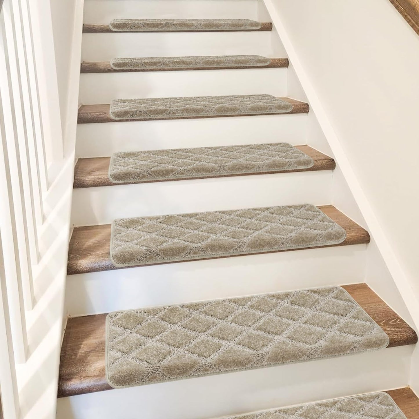 PURE ERA Bullnose Carpet Stair Treads Set Tape Free Non-Slip Indoor Stair Protectors Pet Friendly Rugs Covers Soft Skid Resistant Washable Reusable 9.5" x 30"(14 Pieces,Cream Gray)