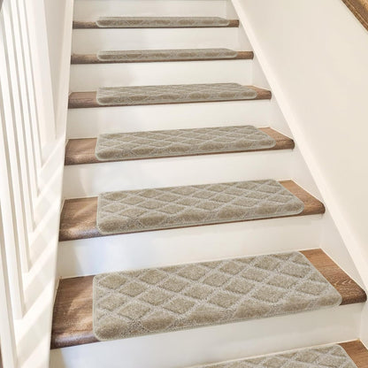 PURE ERA Bullnose Carpet Stair Treads Set Tape Free Non-Slip Indoor Stair Protectors Pet Friendly Rugs Covers Soft Skid Resistant Washable Reusable 9.5" x 30"(14 Pieces,Cream Gray)