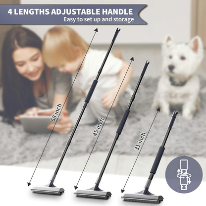 Carpet Rake for Pet Hair Removal - Reusable Dog & Cat Hair Remover with 58" Reinforced Steel Handle, 3-in-1 Professional Modular Rug Rake & Scraper Tool for Shag Rugs, Couch, Stairs (Gray)