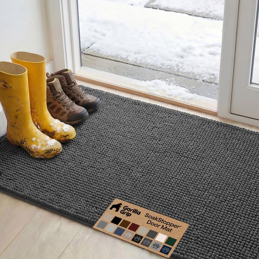 GORILLA GRIP SoakSTOPPER Dog Door Mat, 30x20 Machine Washable Rug Absorbent Doormat Captures Moisture Mud Dirt, Quick Dry Soft Chenille Entryway Rugs Indoor Entrance Mats for Dog Paws, Paw Grey