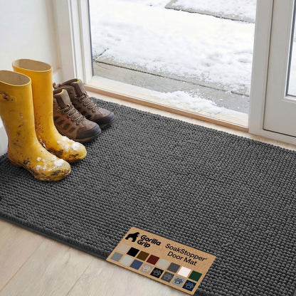 GORILLA GRIP SoakSTOPPER Dog Door Mat, 30x20 Machine Washable Rug Absorbent Doormat Captures Moisture Mud Dirt, Quick Dry Soft Chenille Entryway Rugs Indoor Entrance Mats for Dog Paws, Paw Grey