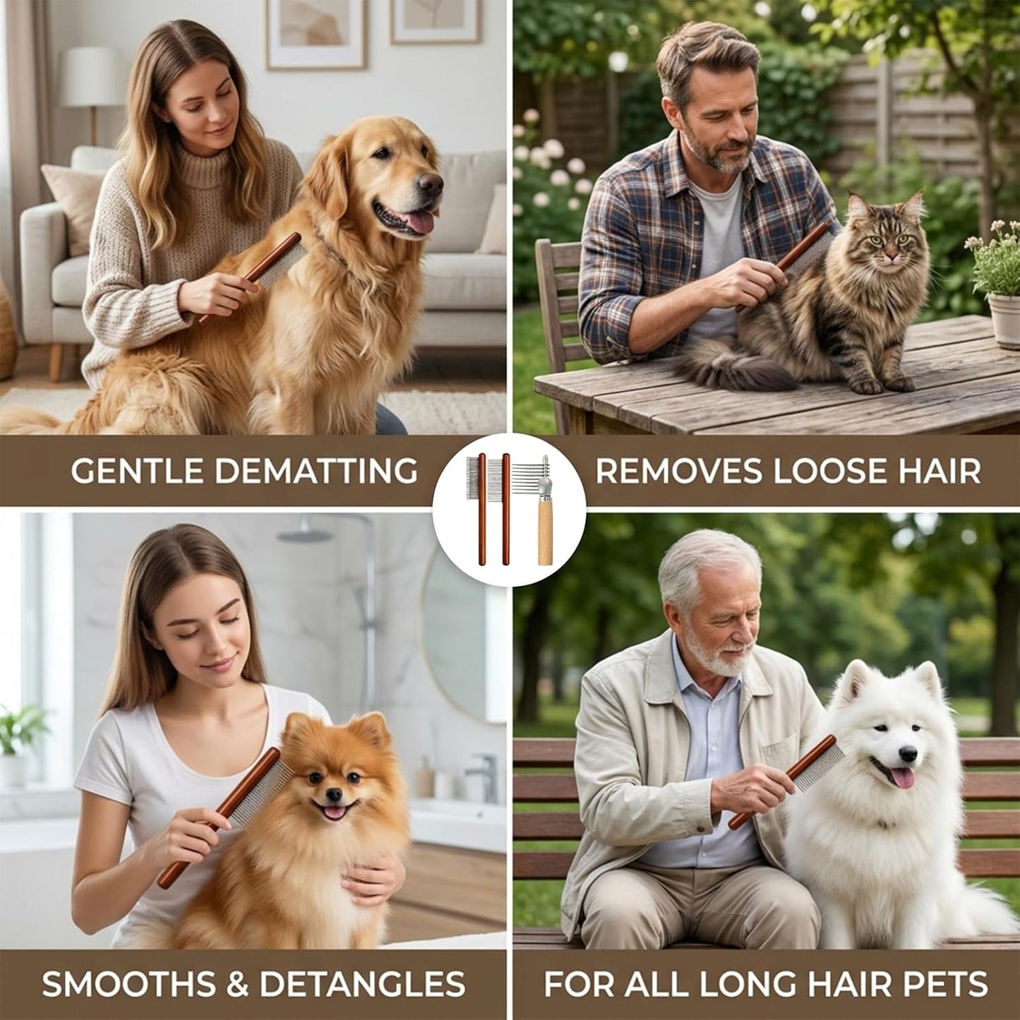Dematting Comb for Dogs, 3 PCS Detangling Brush for Dogs and Cats, Professional Grooming Supplies, New Dual Row Comb Design with Long and Short Teeth,Easily Remove Knots, for Wavy & Curly Coats