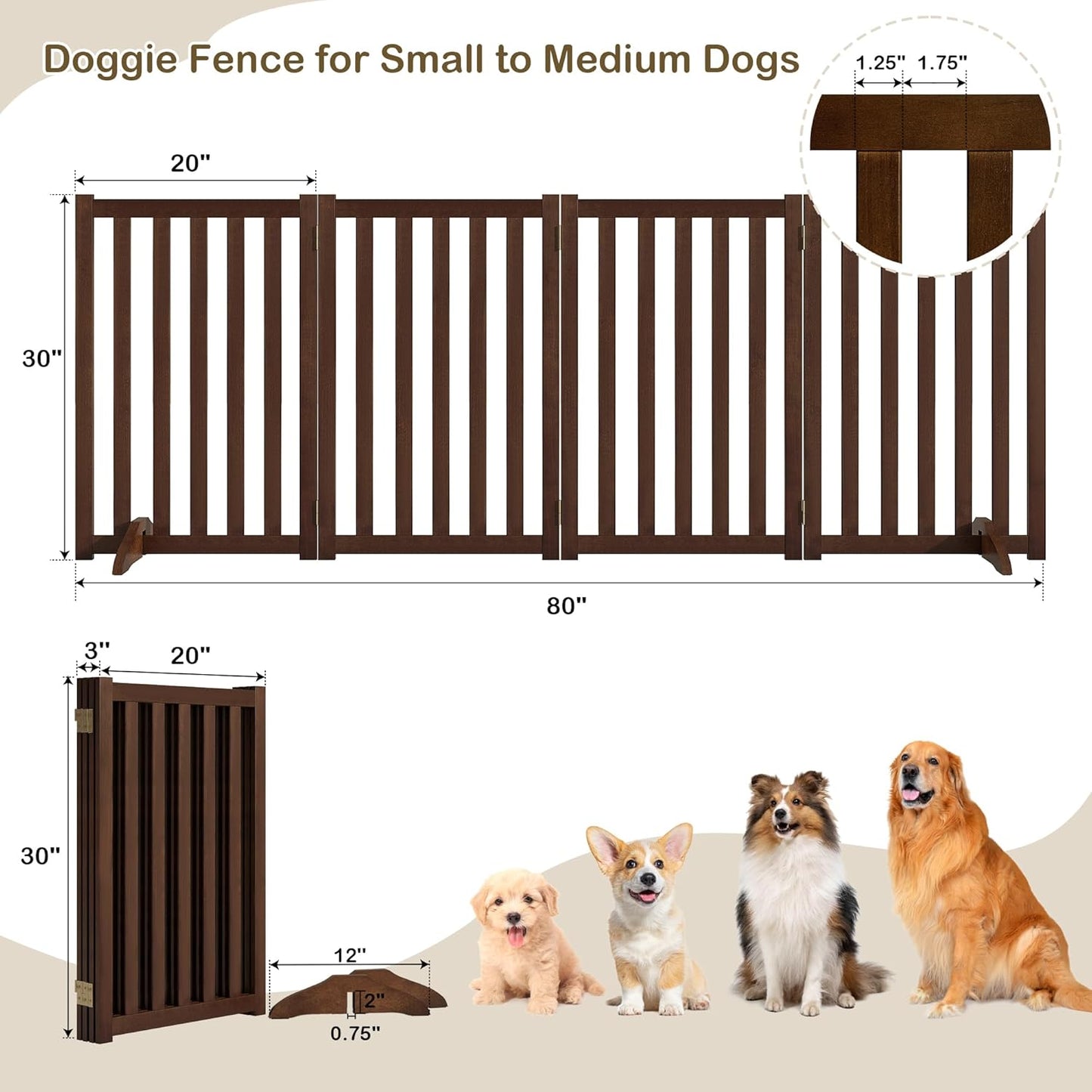 36" Height Extra Tall Freestanding Pet Gate, Solid Wood Folding Safety Fence Wooden Dog Gate with 2 PCs Support Feet Ideal for Stairs, Doorways, Halls, Kitchens, Heavy Duty Gates, 3 Panels, Oak