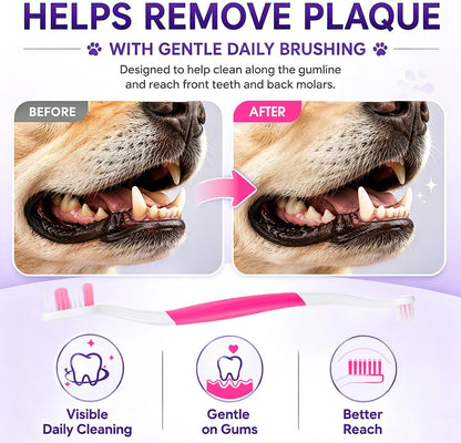 Dog Toothbrush – Newly Upgraded Dual-Head Design with 60° Wavy Bristles – Gently Surrounds Teeth for Deep Cleaning and Plaque Removal – Non-Slip Handle, Ideal for Daily Pet Dental Care (Pink, 1-Pack)