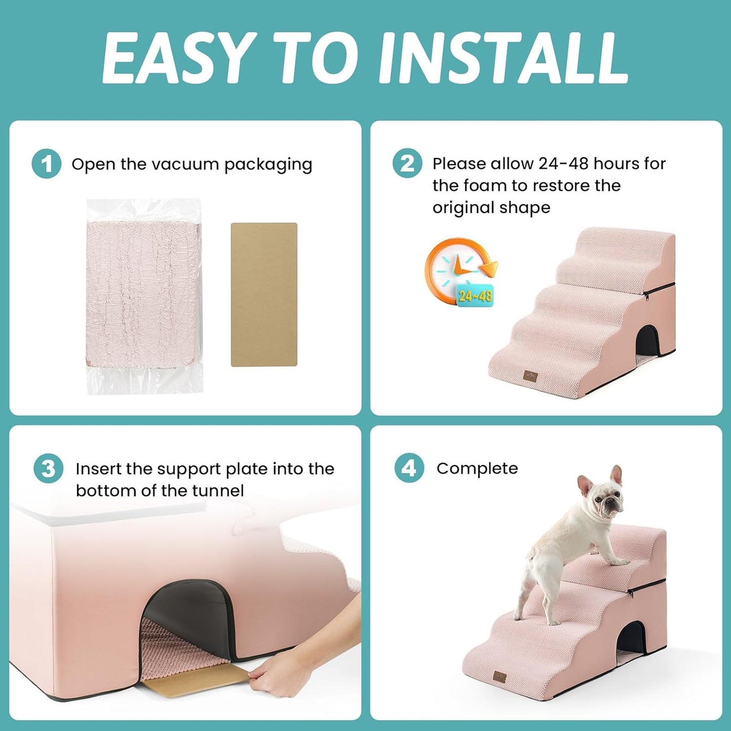 COZY KISS Extra Wide Dog Stairs with Tunnel, Foam Detachable Large Dog Step for Small Pet, Puppy or Cats, Medium Pet Ramp for High Bed, Couch, Sofa or Car, 19.7x33x22.4 inch, 5 Step, Beige
