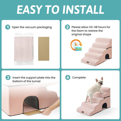 COZY KISS Extra Wide Dog Stairs with Tunnel, Foam Detachable Large Dog Step for Small Pet, Puppy or Cats, Medium Pet Ramp for High Bed, Couch, Sofa or Car, 19.7x33x22.4 inch, 5 Step, Beige