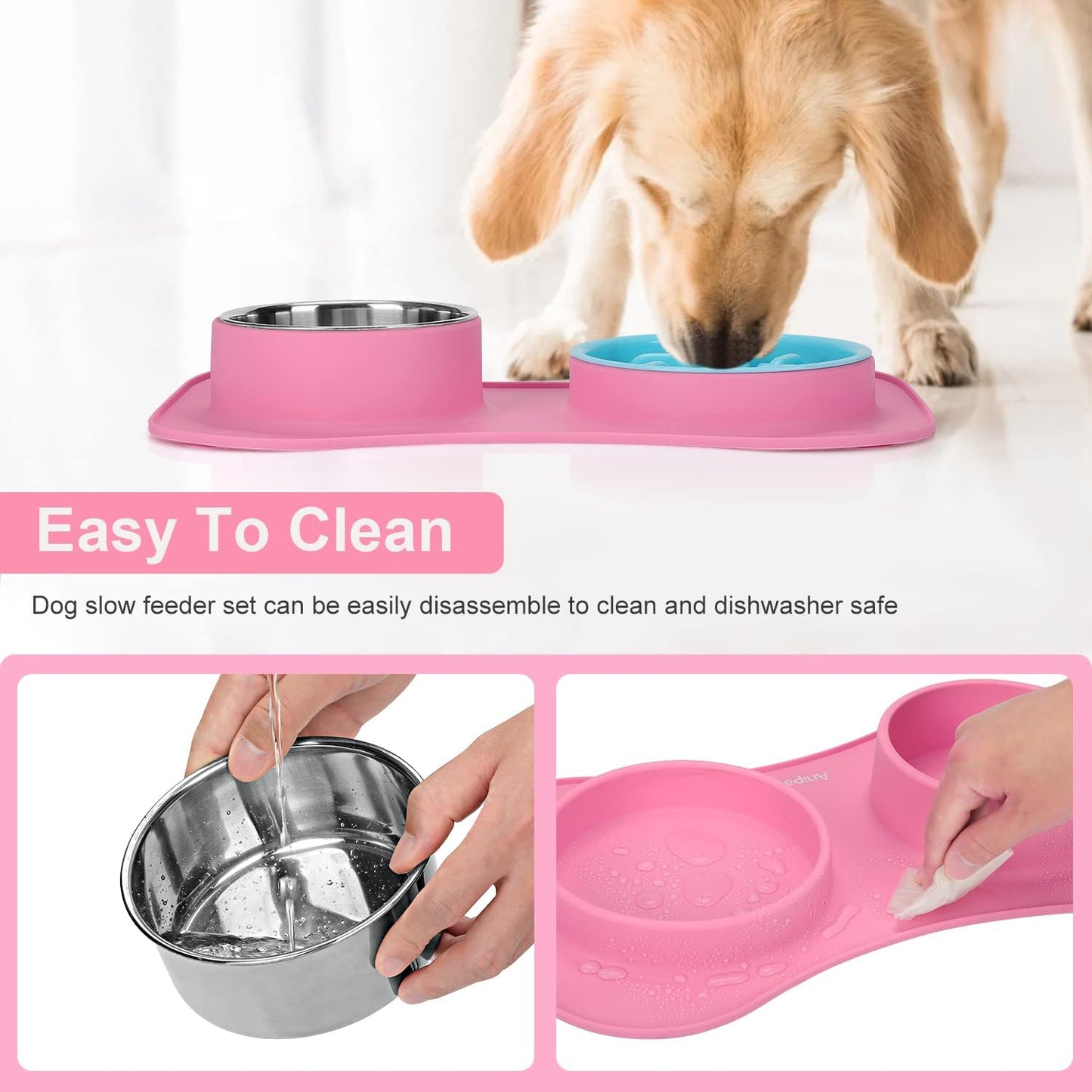 Anipaw Slow Feeder Dog Bowls 3 in 1 Stainless Steel Food and Water Bowls with Non-Spill and Skid Silicone Mat to Slow Down Eating for Large Medium Small Breed Size Dogs and Cats