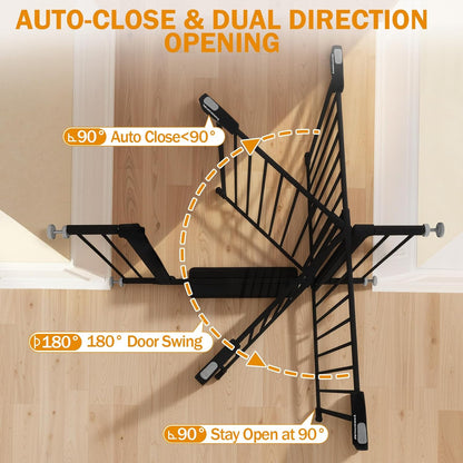 Mumeasy 29.7-46" Baby Gate for Stairs, Pressure Mounted Dog Gate for Doorways, Auto Close Walk Through Pet Gate Indoor, Extra Wide Metal Child Safety Gate, Mom's Choice Awards Winner, Black