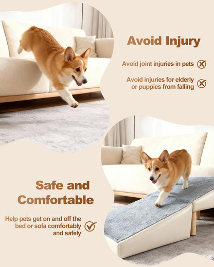 Dog Ramp for Couch Sofa and Low Bed, 15.7" W 2-in-1 Foldable Split Ottoman&Steps, Non-Slip Wooden Pet Stairs for Small Senior Injured Dogs & Cats, Grey