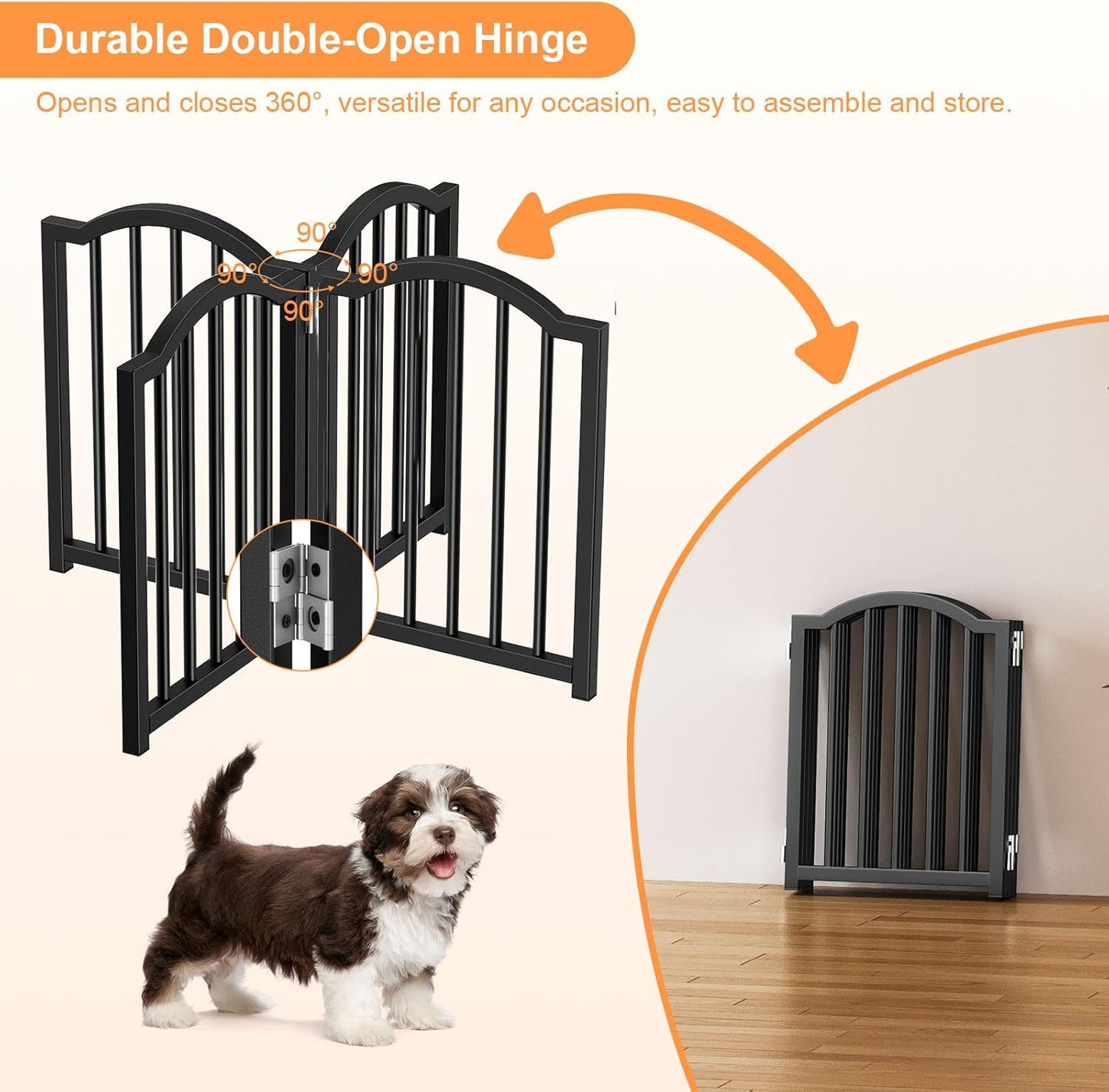 Snughome Short Dog Gate Indoor, 16" High Freestanding Small Dog Door Gates with Support Feet, Expands Up to 48’’ Wide Foldable Pet Gate for Doorway, 4 Panel Folding Pet Door Pet Fence for Puppy, White