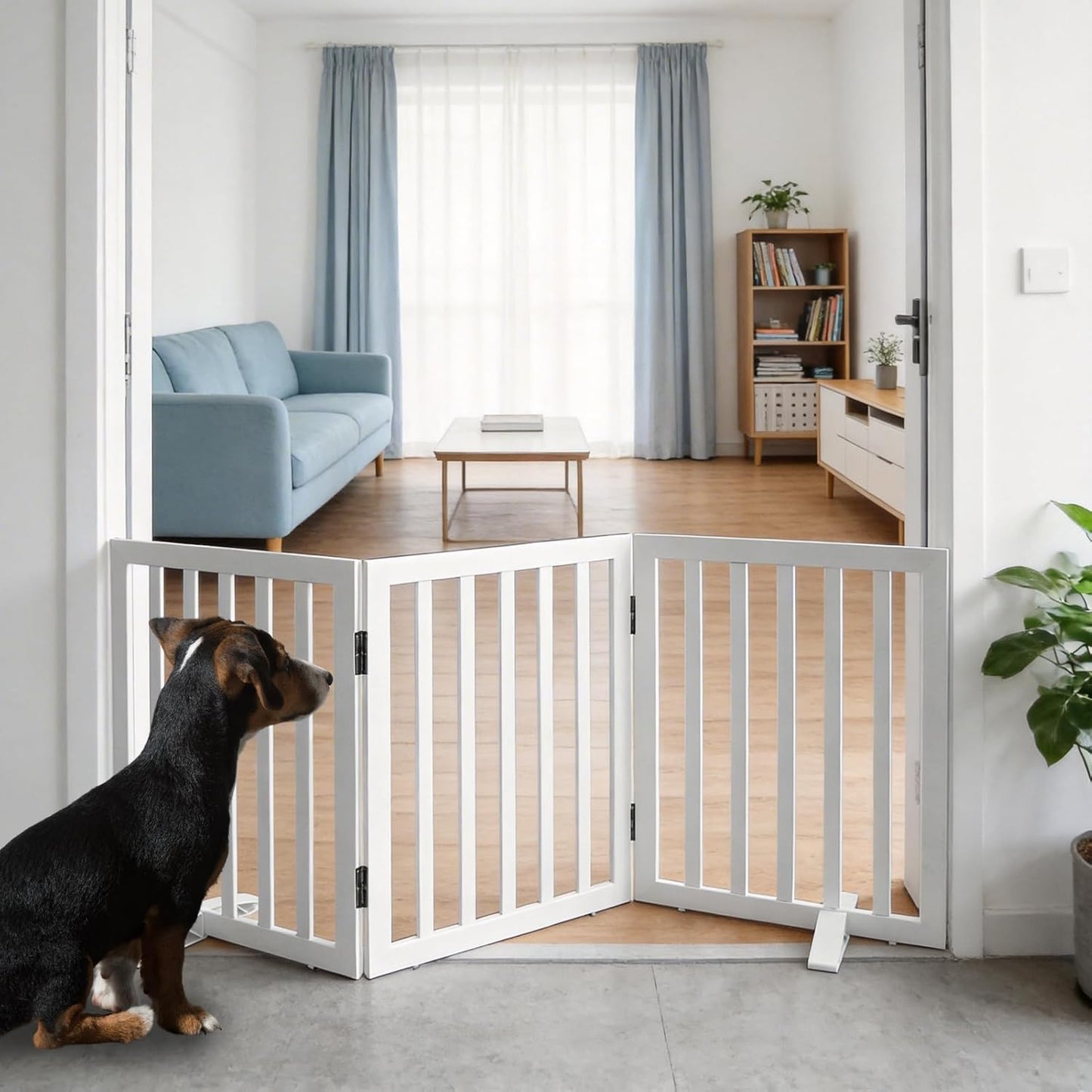 ZJSF Freestanding Indoor Dog Gate for House Foldable Wood Puppy Gate for Doorways Pet Gate for Stairs Extra Wide Pet Fence, Brown, 24" Height 3 Panels