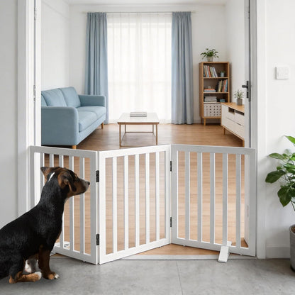 ZJSF Freestanding Indoor Dog Gate for House Foldable Wood Puppy Gate for Doorways Pet Gate for Stairs Extra Wide Pet Fence, Brown, 24" Height 3 Panels