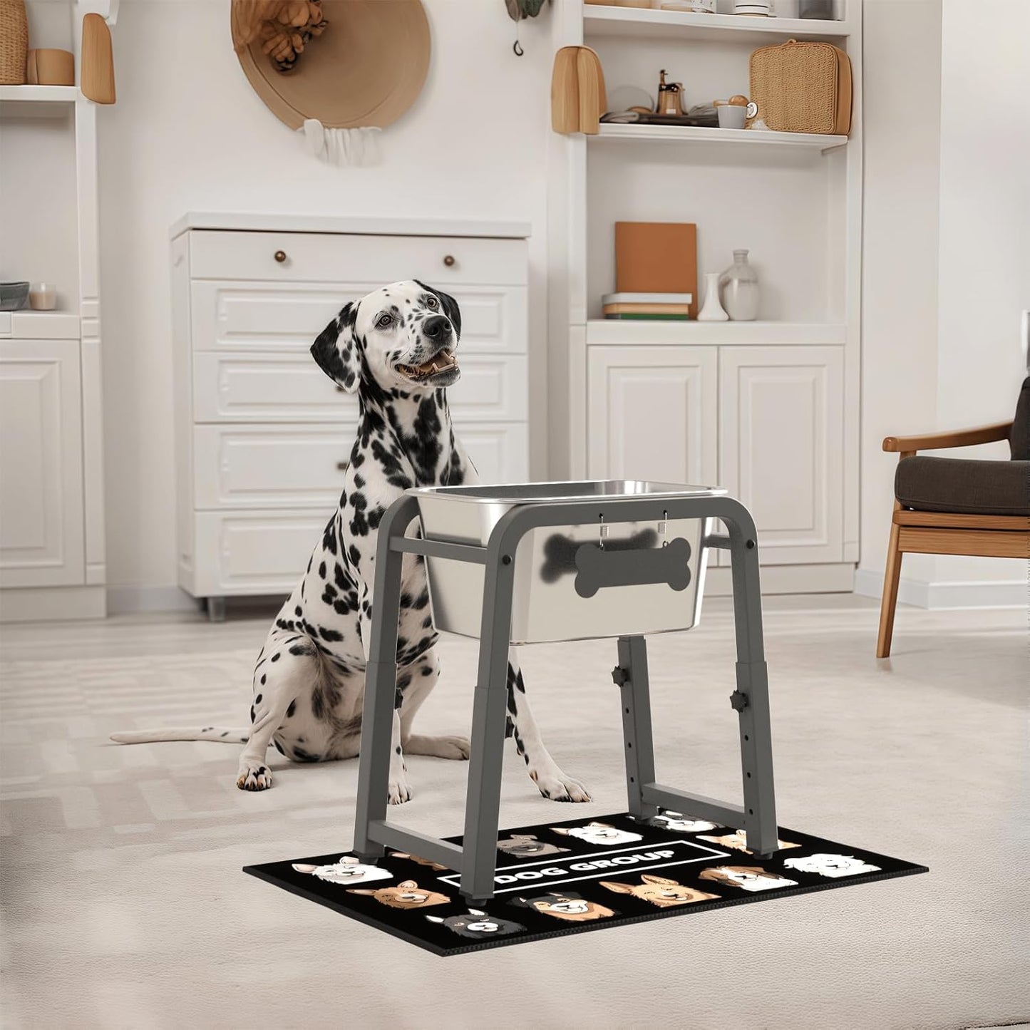 1.2 Gallon Elevated Dog Water Bowl, Height Adjustable (11–17'') Raised Stainless Steel Bowl with Spill-Proof Mat & Sturdy Metal Stand, Tip-Proof, Easy to Clean, Indoor & Outdoor Use