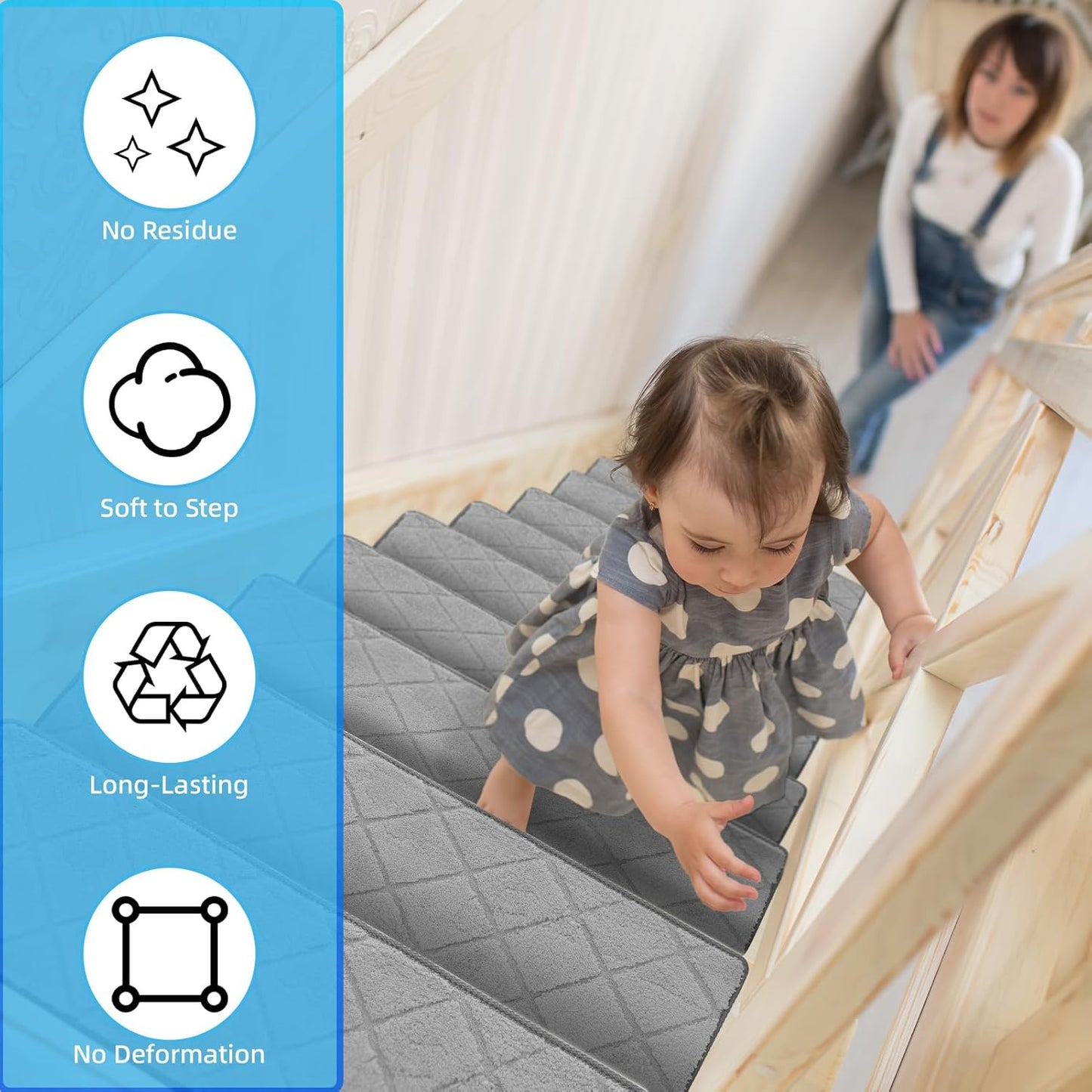 Art3d Stair Treads for Wooden Steps 15Pcs, 8" X 30" X 0.3" Non Slip Stair Runner Rugs with Reusable Adhesive for Elders Kids and Dogs, Washable Peel and Stick Stair Treads Carpet, Gray