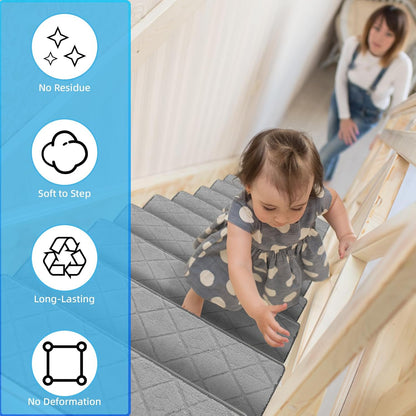 Art3d Stair Treads for Wooden Steps 15Pcs, 8" X 30" X 0.3" Non Slip Stair Runner Rugs with Reusable Adhesive for Elders Kids and Dogs, Washable Peel and Stick Stair Treads Carpet, Gray