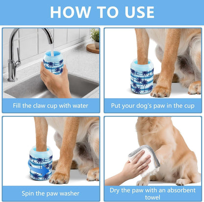 Tropical Palm Ocean Blue Print Dog Paw Cleaner Cup with Soft Silicone Brush, Small Lightweight Portable Muddy Paw Washer for Dogs, Easy to Use Pet Foot Cleaner