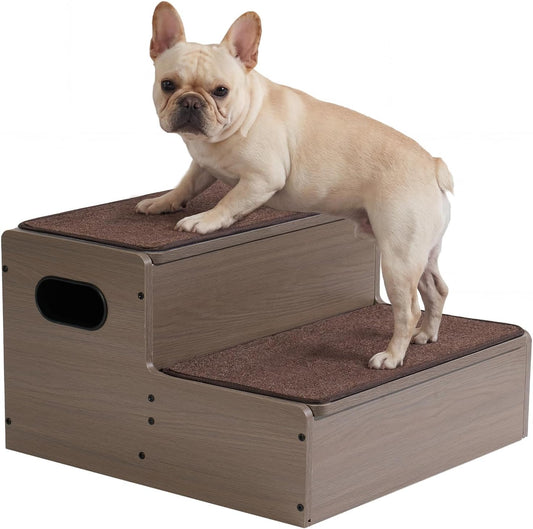 Veehoo Dog Stairs for Bed Couch with Storage 12" H 20" W, 2 Steps Wooden Steps for Dogs to Get on Bed with Non Slip Rug, Joint Friendly Pet Cat Stairs Puppy Doggy Ramp Ladder for Small to Large Dogs