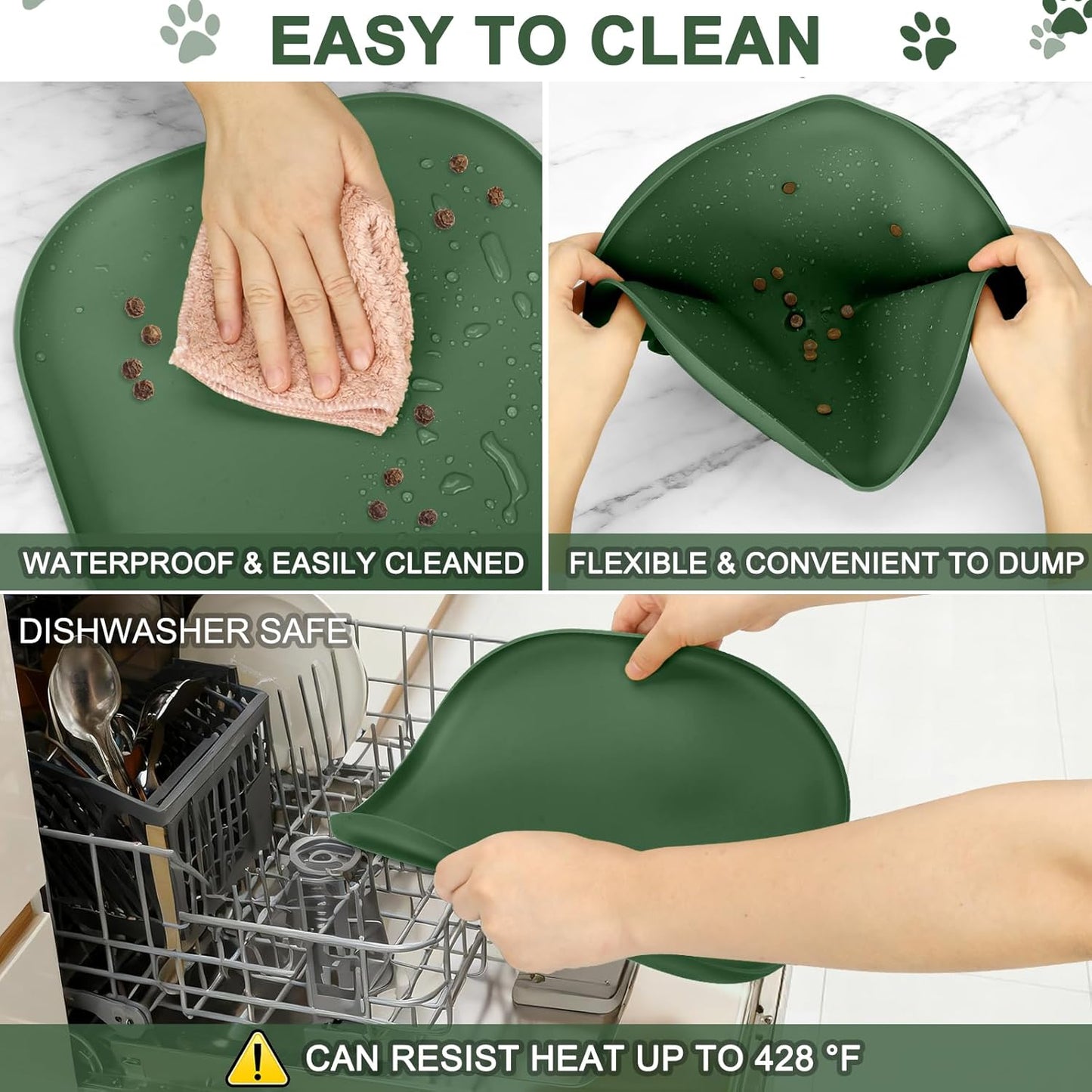 Small Silicone Pet Food Mat with Raised Edge for Food and Water Bowl, Square Dog Feeding Mats, Cat Food Trays for Floor Waterproof, Rubber Tray for Dogs and Cats, 12 x 12 x 0.7 Light Olive Green