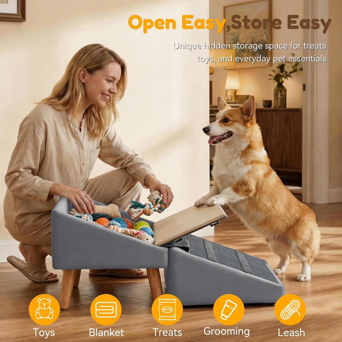 Dog Ramp for Small Dogs, 15.7" H 3-in-1 18.5" Extra Wide Foldable Ottoman & Hidden Storage Design Dog Stairs for Couch Sofa, Non-Slip Pet Steps for Puppy Senior Injured Dogs (White)