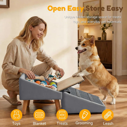 Dog Ramp for Small Dogs, 15.7" H 3-in-1 18.5" Extra Wide Foldable Ottoman & Hidden Storage Design Dog Stairs for Couch Sofa, Non-Slip Pet Steps for Puppy Senior Injured Dogs (White)