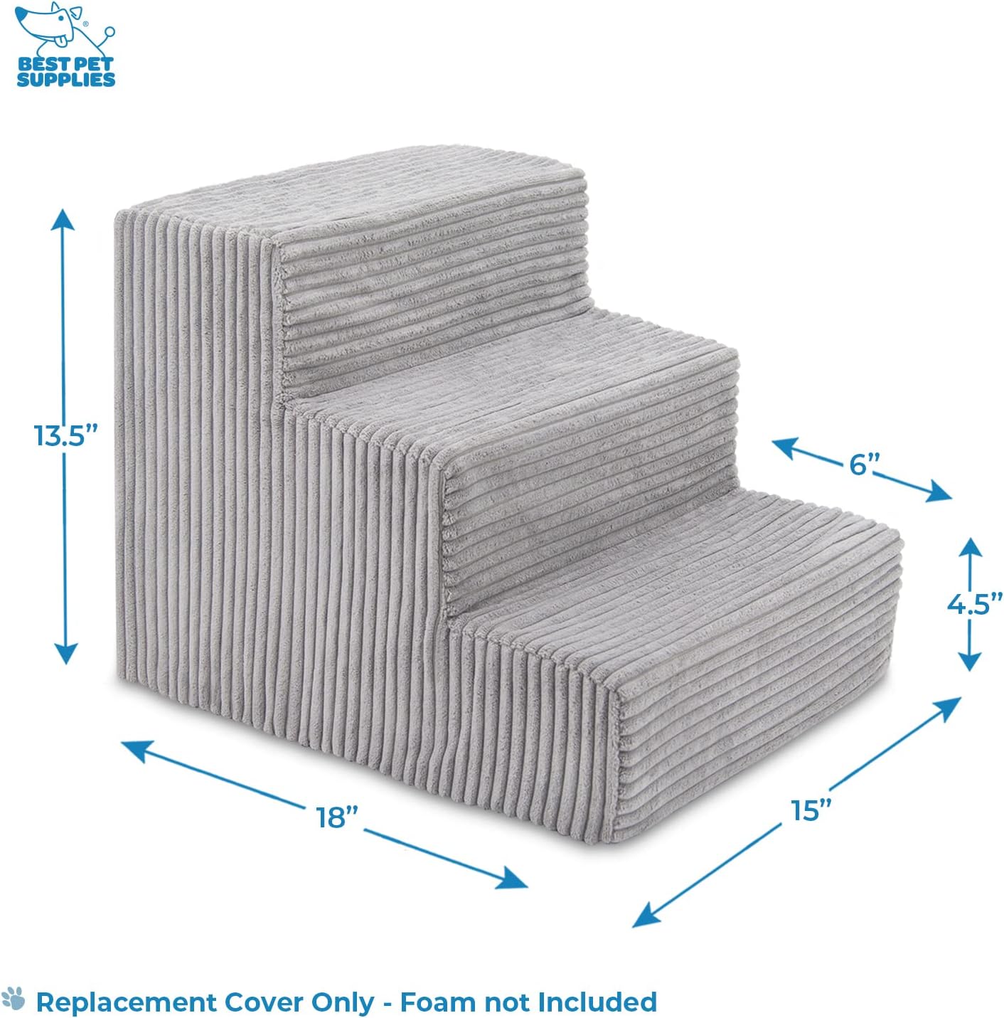 Best Pet Supplies Foam Pet Steps Cover for Small Dogs and Cats, Portable Ramp Stairs for Couch, Sofa, and High Bed Climbing (Cover Only) - Ash Gray Linen, 3-Step (Cover Only)