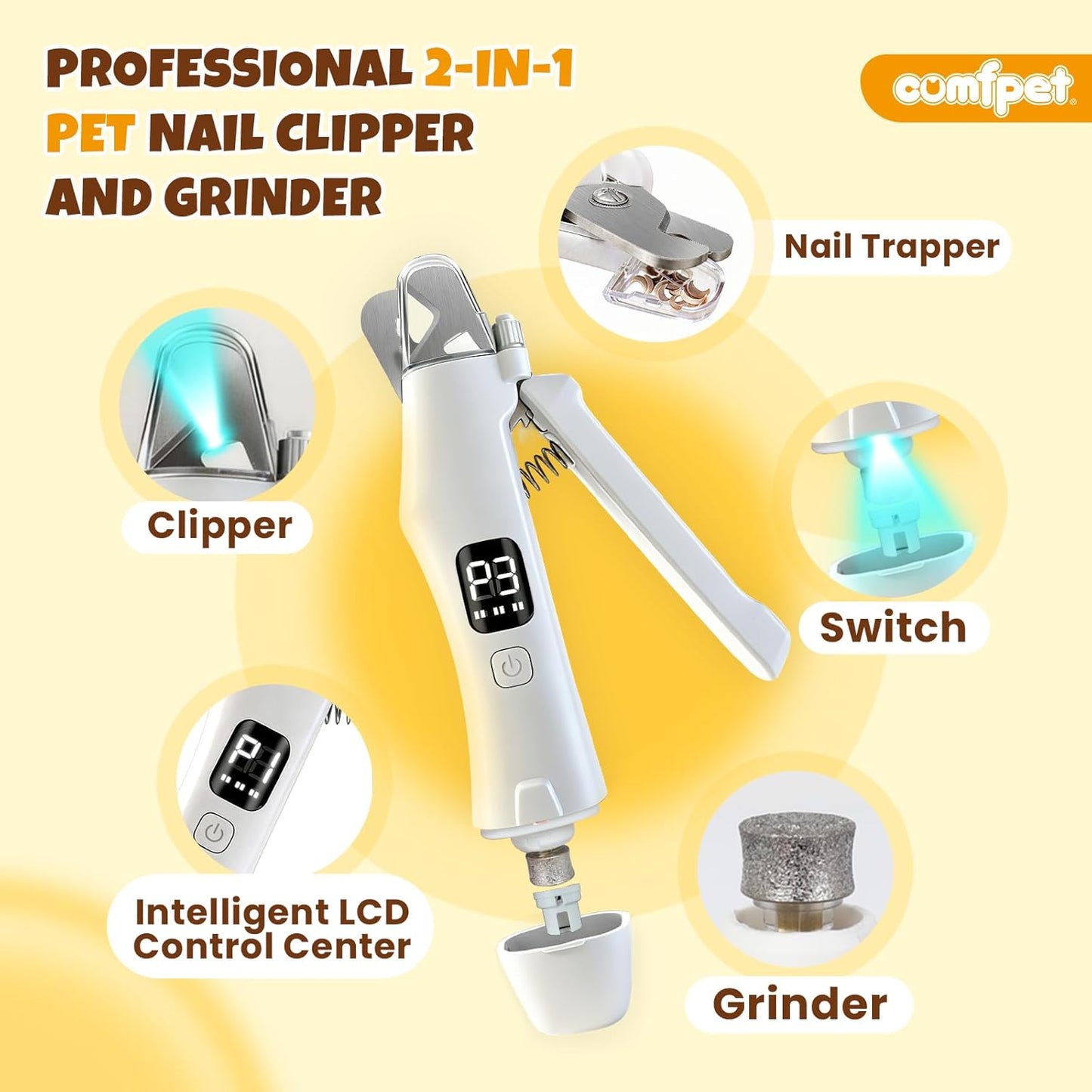 2-in-1 Dog Nail Clippers with Light, Cat Nail Clipper with Anti-Overcut Guard, Dog Nail Grinder Quiet for Large Medium Small Dog Cat Nail Trimmer, Rechargeable Painless Silent Groom Dog Nail Trimmer