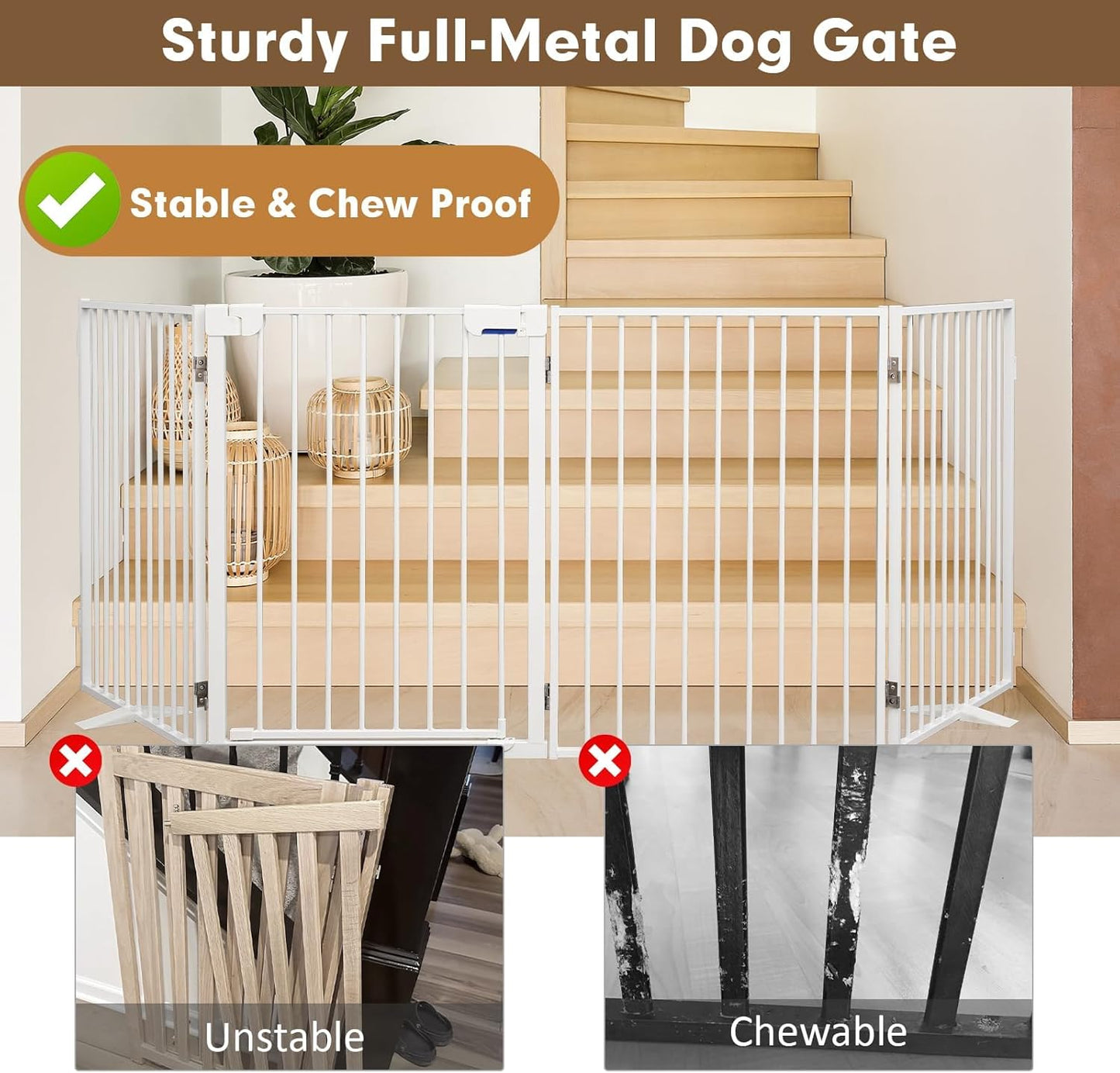 Metal Freestanding Dog Gates,Extra Wide 24", 32" Height Foldable Dog Fence for Indoor & Outdoor, Heavy Duty Freestanding Pet Barrier for Stairs, Doorways, Halls, Kitchen,Yard