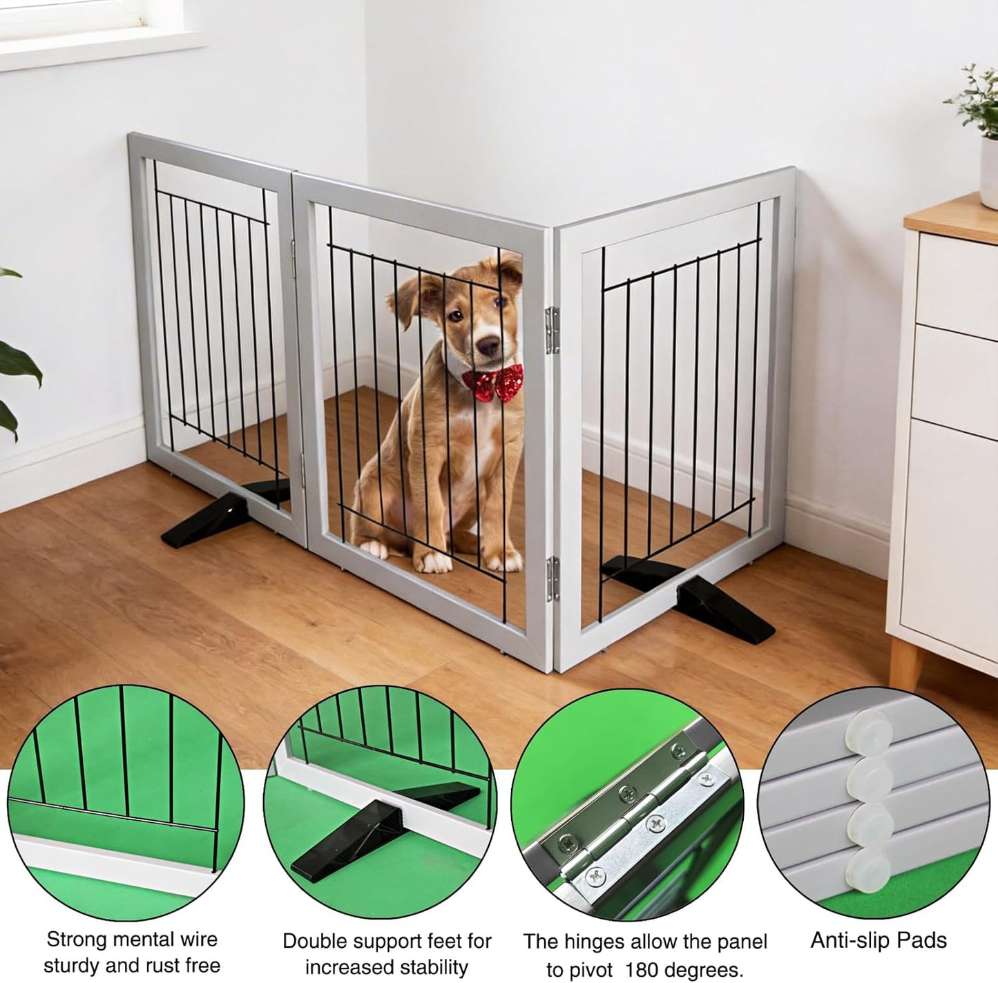 ZJSF Freestanding Dog Gate Indoor, Foldable Dog Fence for Doorways,Hallways or Stairs, Sturdy Wood Extra Wide Pet Gate with Support Feet,Black,24 "Height-3 Panels