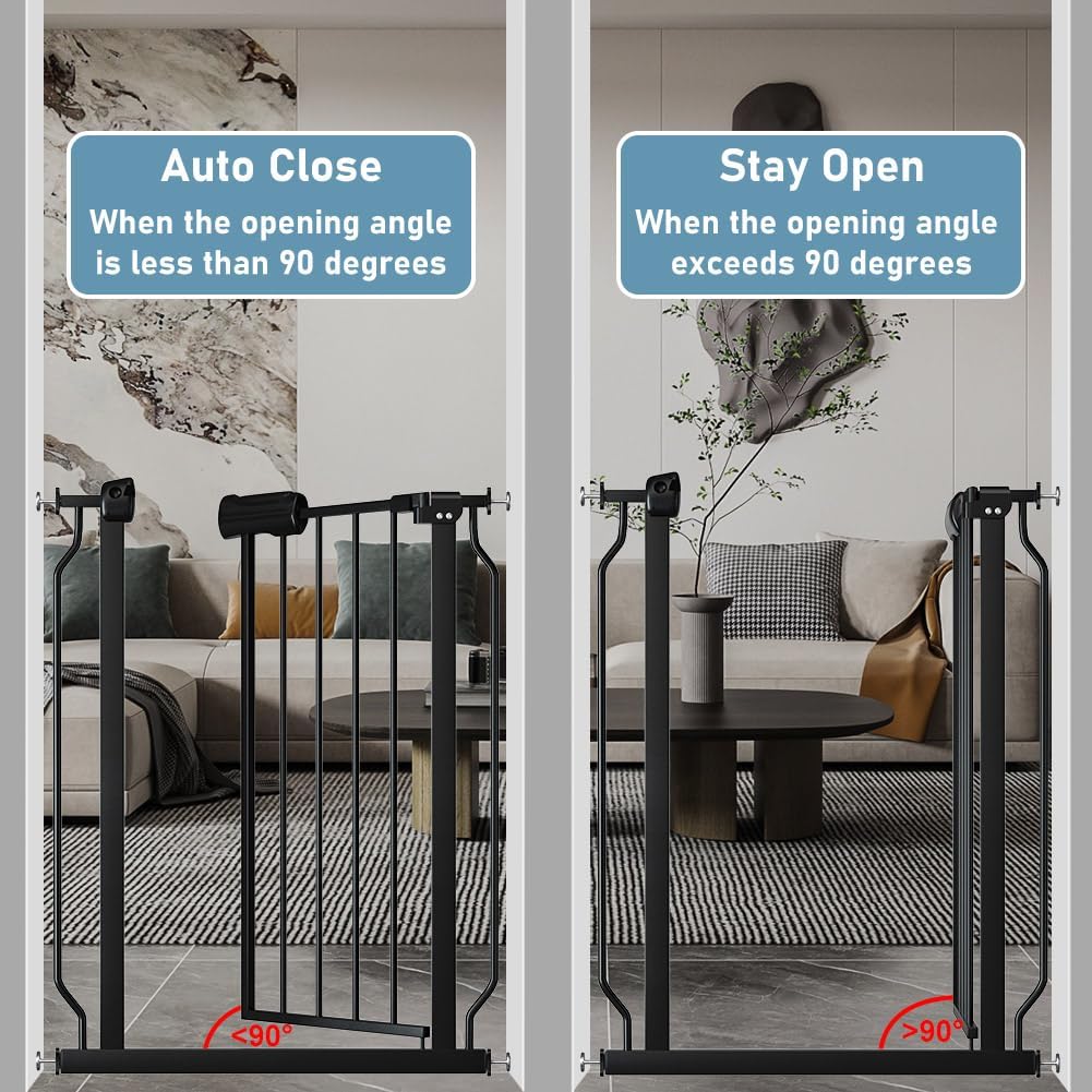 Extra Wide Baby Gate 57.5-62 Inch Black Walk THR Dog Gates Doorways House No Drill Pressure Mounted Auto Close Long Child Safety Gate for Kids and Pet