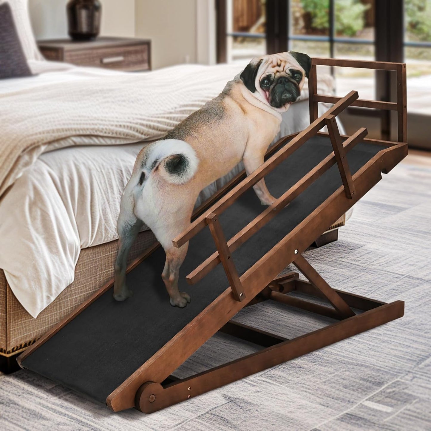 Dog Ramp for Bed, Adjustable Pet Ramps for Dog to Get on Bed, Non-Slip Rubber Surface - Folding Wooden Dog Ramp for Small/Large/Old Dogs, Adjustable up to 27.5 inch High Beds, Safety Railings