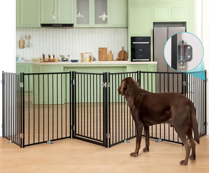 No Pawblems Free Standing Dog Gate with Door, 30'' Tall Foldable Dog Fence for Indoor & Outdoor, Up to 78 Inch Extra Wide Puppy Gate for Stairs, Hallways, Doorways, Deck, Yard (Black, 3 Panels)
