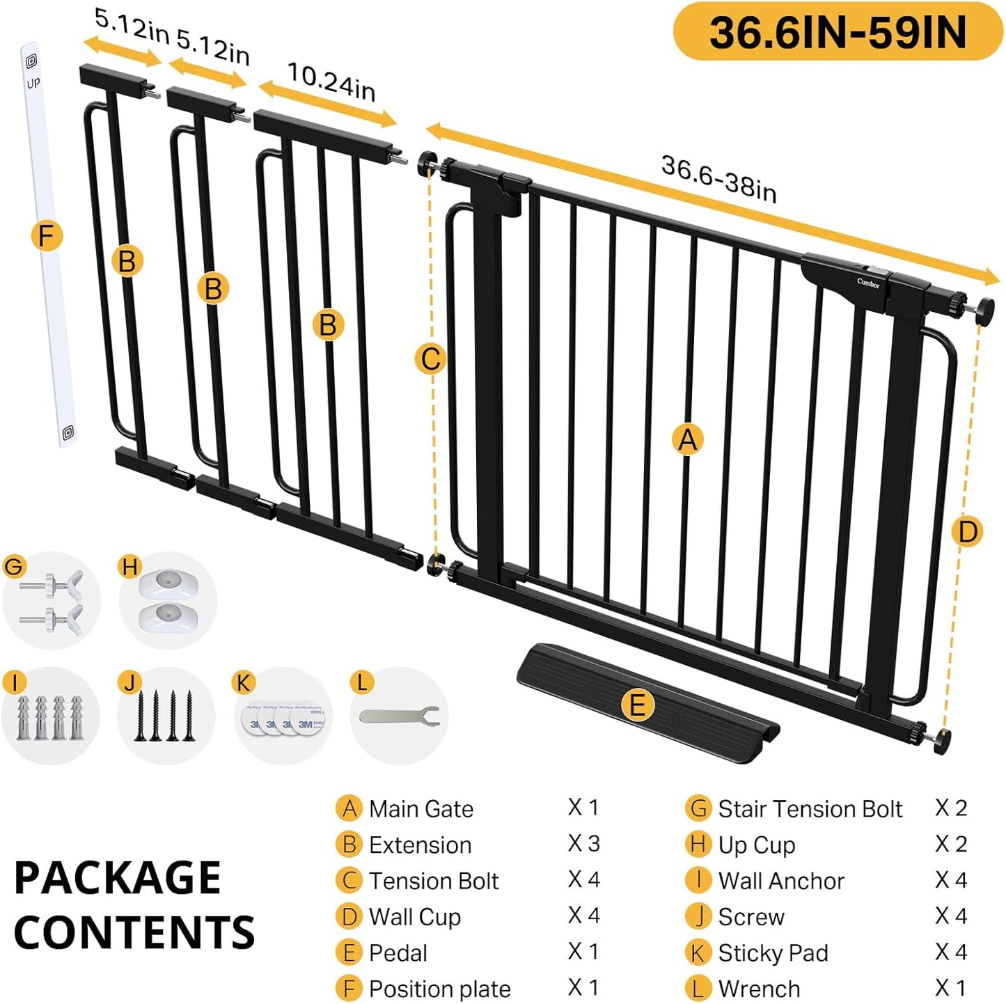Cumbor 36.6-64" Extra Wide Baby Gate for Stairs, Dog Gates for Doorways, Auto-Close Pet Gate Indoor, Pressure Mounted Walk Through Safety Child Gate for Kids Toddler, Tall Pet Puppy Fence Gate, Brown