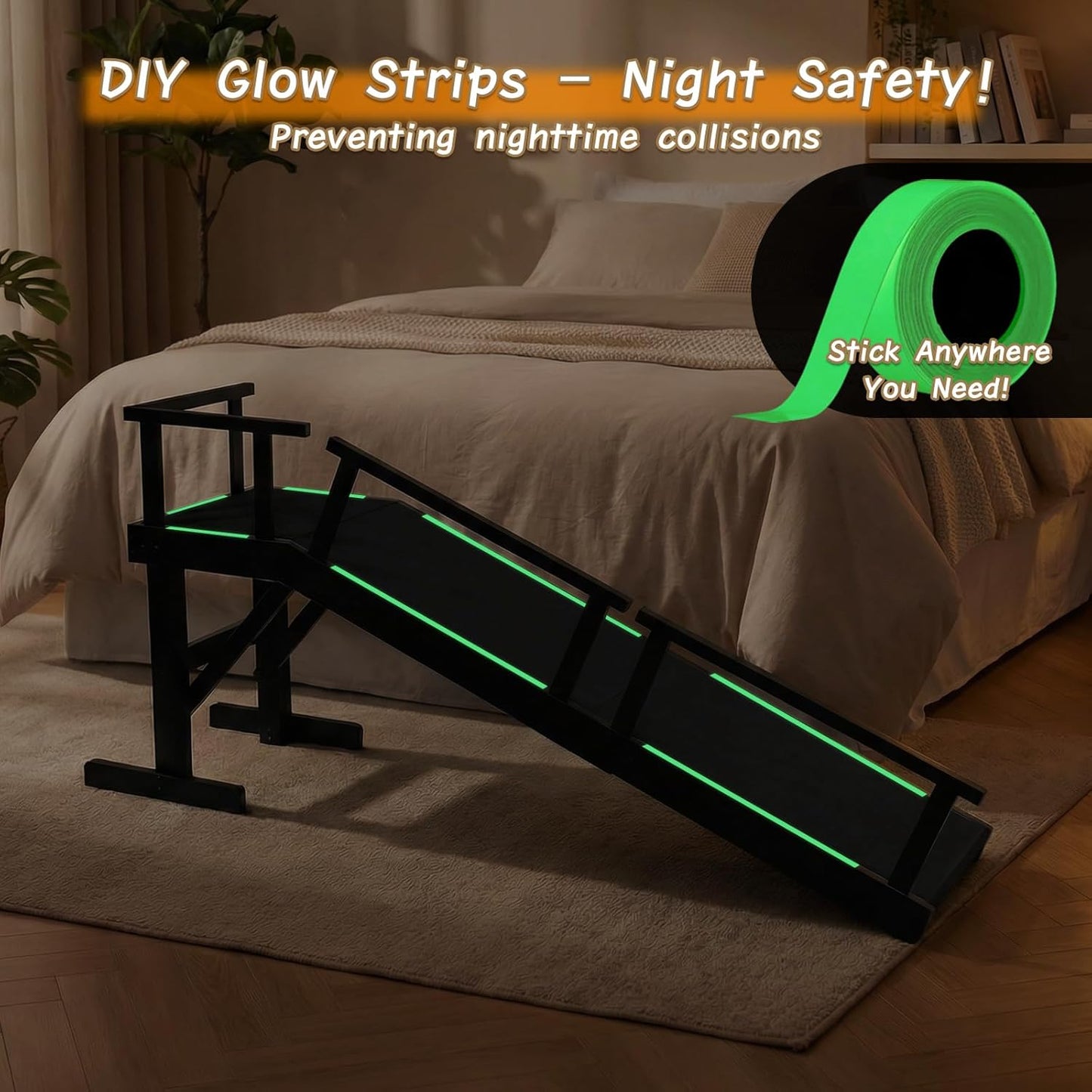 61" Dog Ramp for Bed with Rest Platform & Glow Strips, 20° Gentle Slope, EVA Non-Slip Surface, Removable Safety Rails, Birchwood Solid Wood, for Small, Large & Senior Dogs, Joint Protection, Black